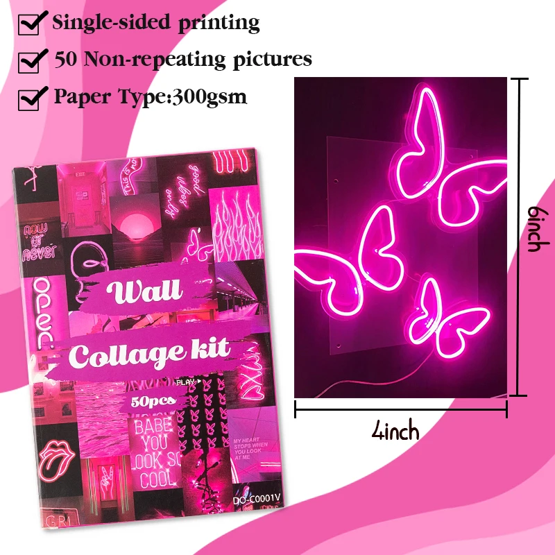 50Pcs Pink Neon Aesthetic Wall Collage Kit Room Bedroom Living Home Decoration Posters Warm Color Ornament Photo Gift for Adult