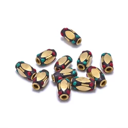 TZ-N01 Handmade Nepal Buddhist Tibetan Brass Craft Bead for Necklace Jewelry Making Accessories Clay Inlaid Colorful Cylindrical