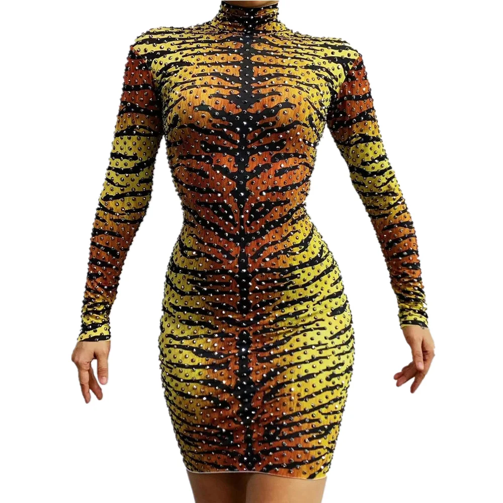 

Sexy Tiger Pattern Rhinestone Party Dress Women Long Sleeve Stretch Prom Bodycon Dress Nightclub Short Dress Singer Stage Outfit