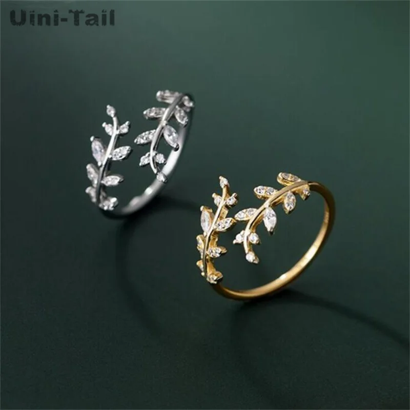 Uini-Tail hot new 925 Tibetan silver branches and leaves micro inlaid open ring fashion temperament cold wind simple adjustable