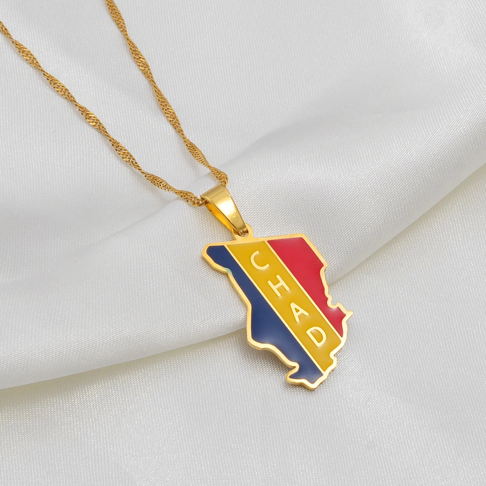 Anniyo Republic of Chad Map Flag Pendant Necklaces Gold Color Jewelry Tchad Maps #257821