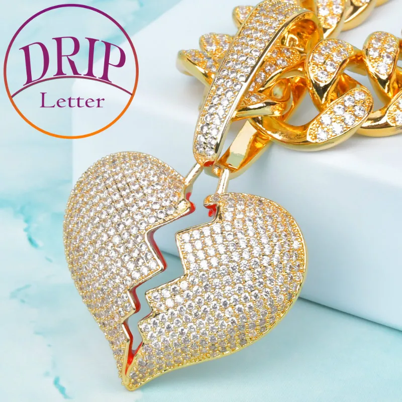 Drip Letter Broken Heart Necklace for Men Real Gold Plated Hip Hop Fashion Jewelry Dropshipping 2022 Best Selling Products