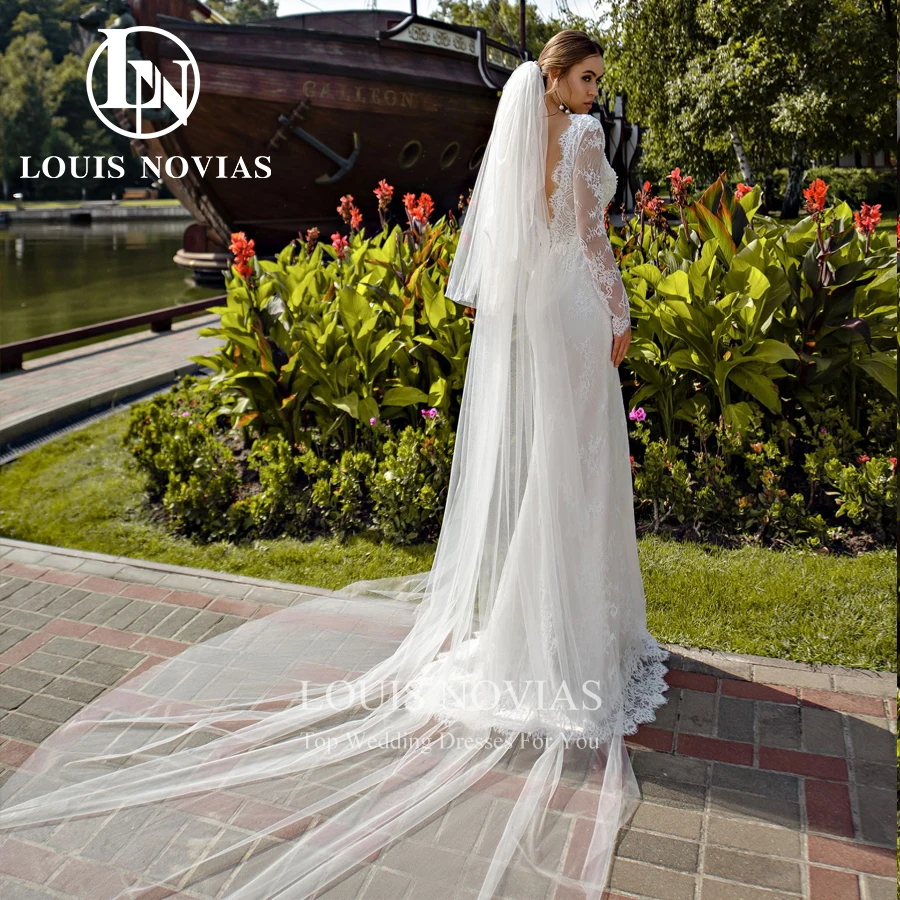 Louis novias sereia vestido de casamento com decote em v boho manga longa vestido de casamento trem destacável 2 em 1 com decote em v vestidos de novia