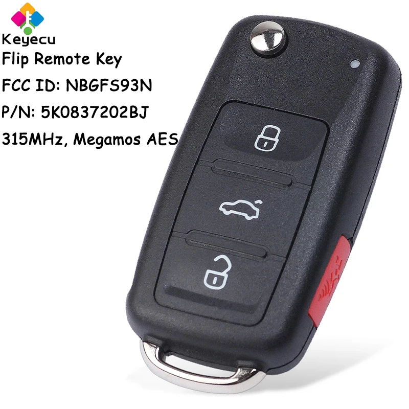 KEYECU Flip Remote Car Key With 4 Buttons 315MHz Megamos AES for Volkswagen VW Jetta Passat 2017 2018 Fob NBGFS93N 5K0837202BJ