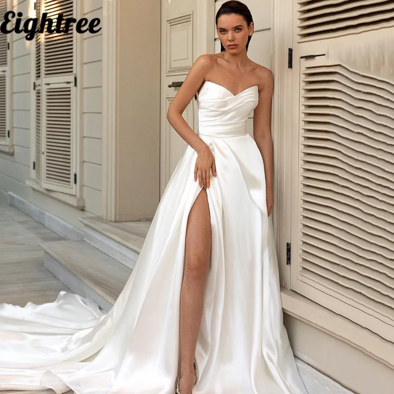 Eightree abiti da sposa Sexy senza spalline abito da sposa a spacco alto Sweep Train Satin Latern Sleeve abiti da sera da sposa Plus Size