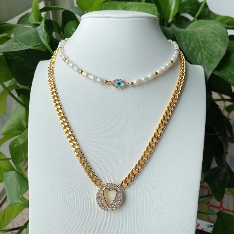 

5pcs/lot Creative Fashion Brass Jewellery Heart Eye Pendant Chain Freshwater Pearls Necklace