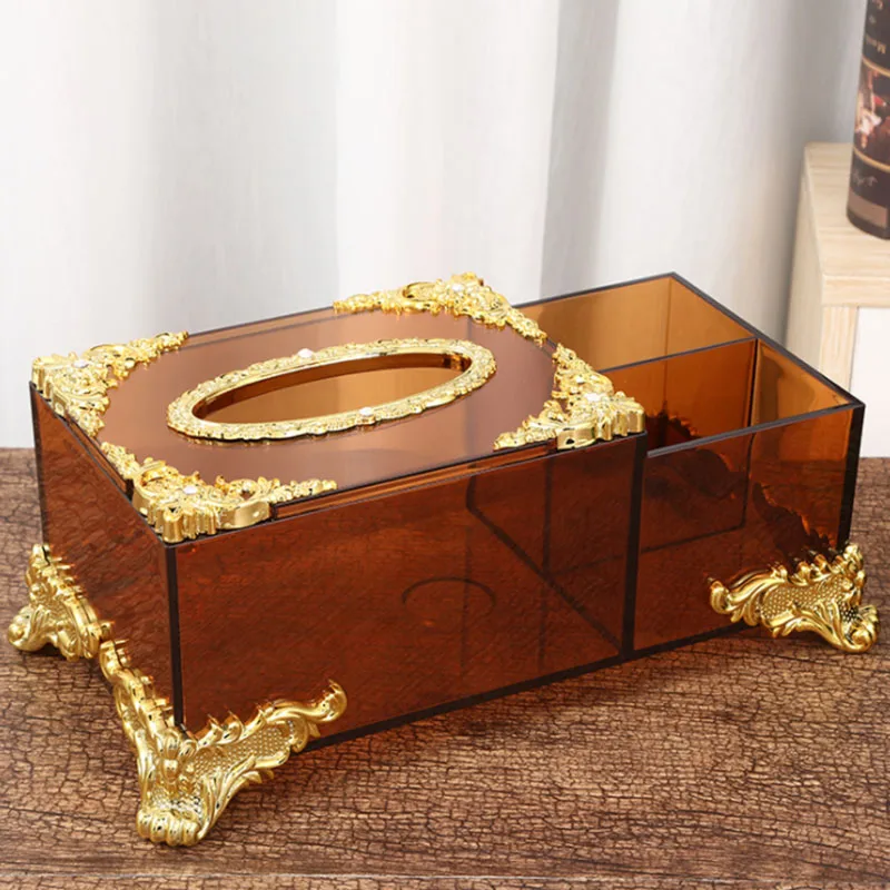 Exquisite hollow metal four-legged base transparent tissue box European-style household car pumping paper box