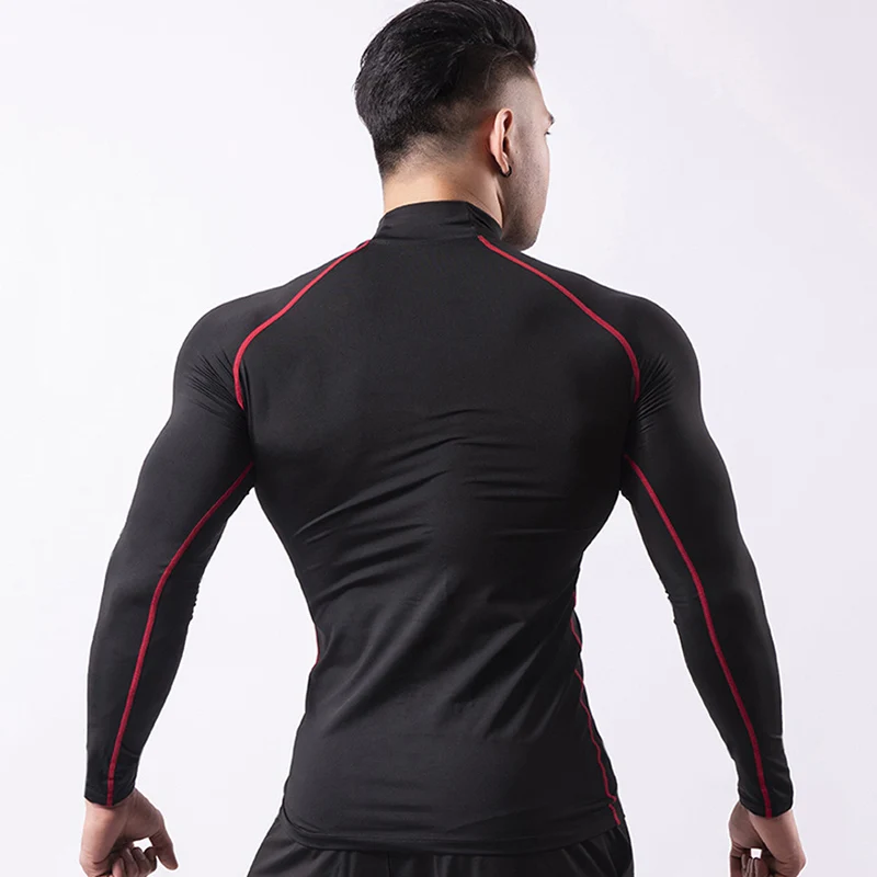 Custom LOGO Long Sleeve Fitness Gym T-Shirt Men Stand Collar Compression Shirts Quick Dry Autumn Cycling Stretch Sportswear Tops