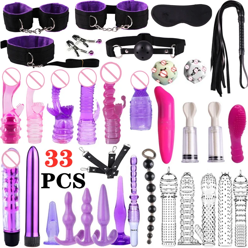 35Pcs BDSM Bondage Restraint Sex Handcuff Dildo Vibrator Masturbation Couple Anal Plug  Erotic Sex Product Adult Sex Toy Kit