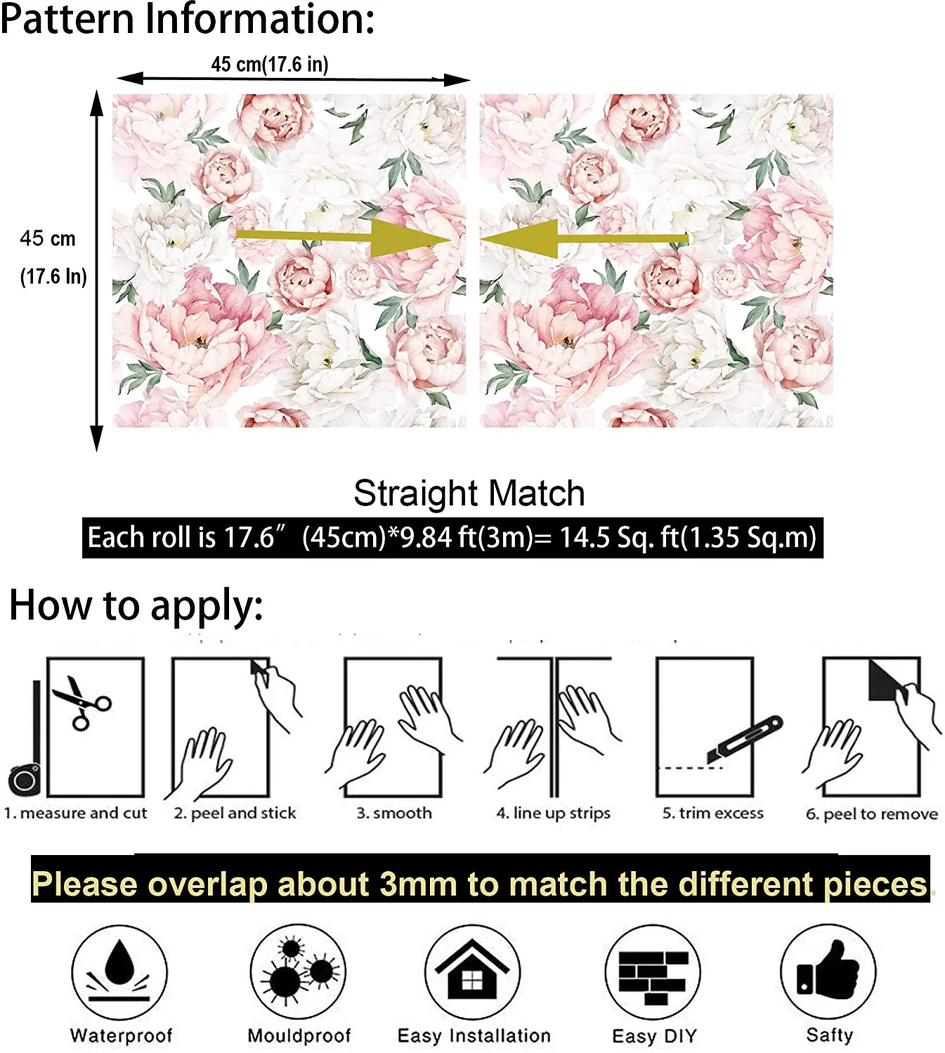 White Pink Peel and Stick Wallpaper Removable Fresh Peony Self-Adhesive Prepasted Wallpaper Waterproof Extra Thick Wall Mural