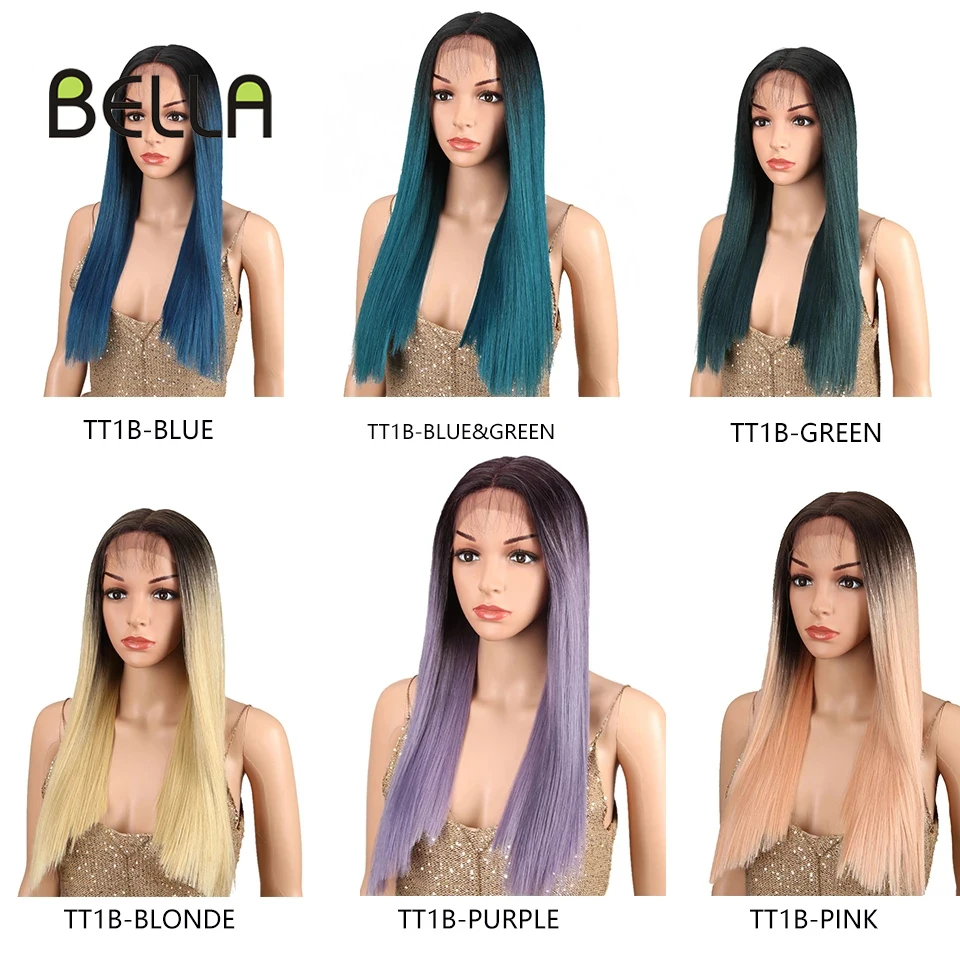 Bella-Peluca de encaje sintético para mujer, pelo liso de 20 pulgadas, Color degradado, parte media, Rubio, rosa, morado, Cosplay