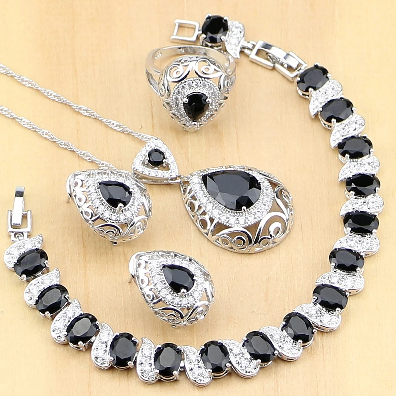 

925 Sterling Silver Jewelry Black Stone White CZ Jewelry Sets For Women Earrings Pendant Rings Bracelet Necklace Set