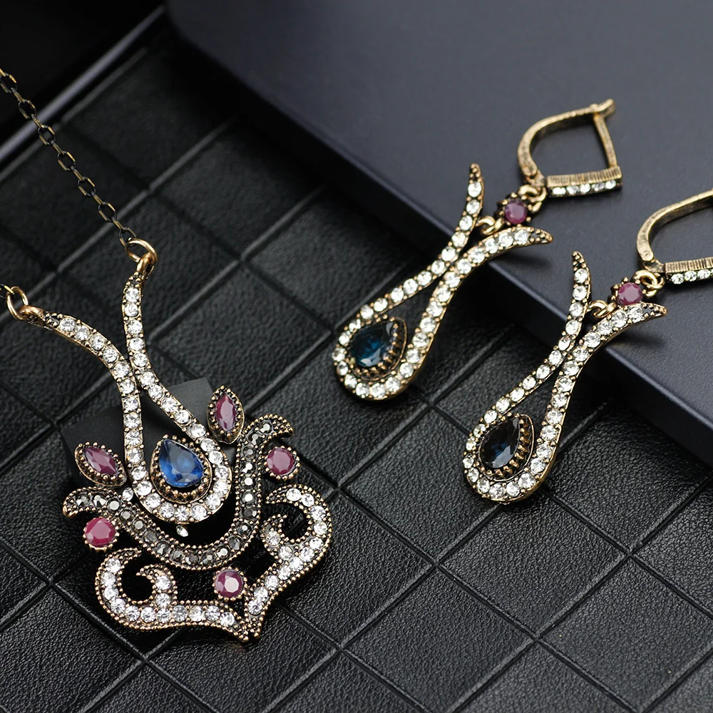 SUNSPICEMS Ethnic Turkish Full Crystal Jewelry Sets Women Ethnic Wedding Jewelry Long Drop Earring Pendant Necklace Bridal Gift