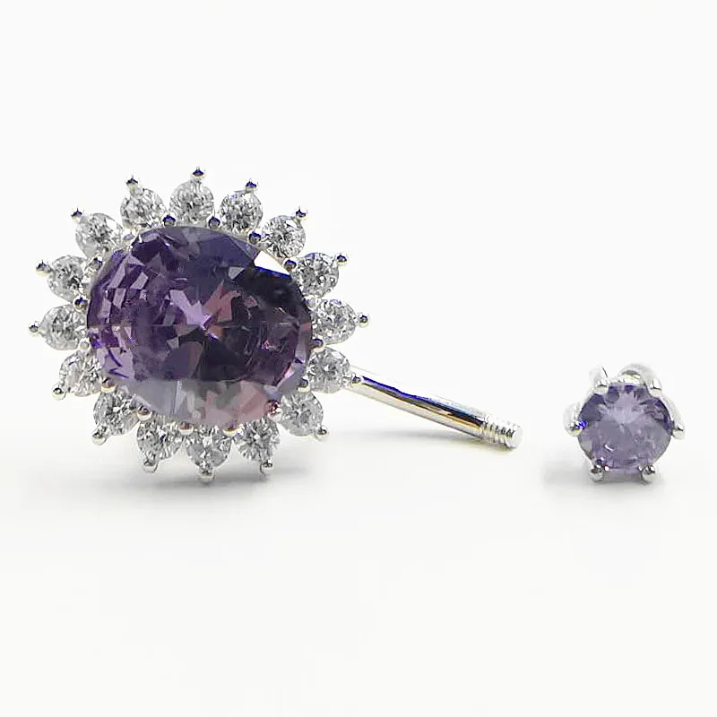 925 Sterling Silver White Purple Zircon Sun Flower Sunflower Belly Piercing Button Men Women Rings Navel Body Jewelry 1.5 MM