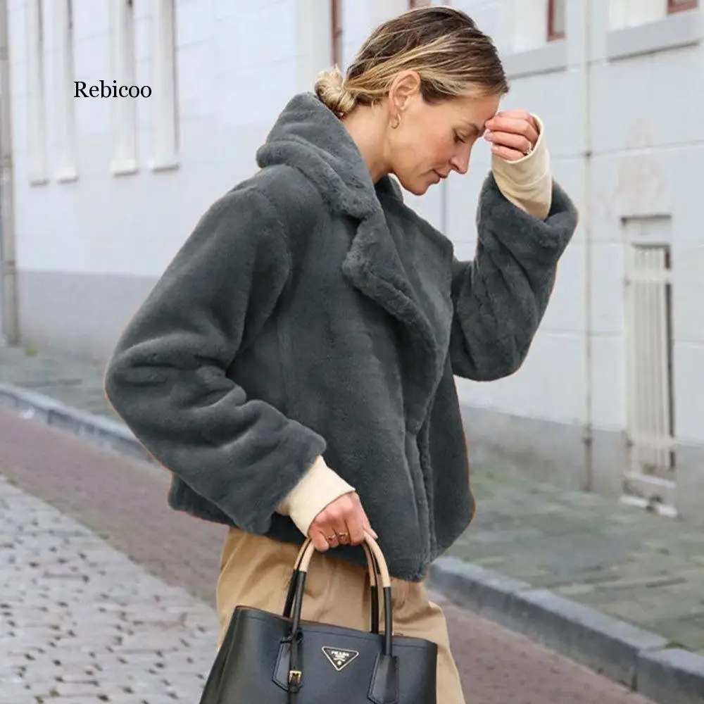 Ladies Casual Teddy Coat Winter Fleece Warm Thick Faux Fur Jacket Coat Women Pockets Plush Overcoat Outwear s