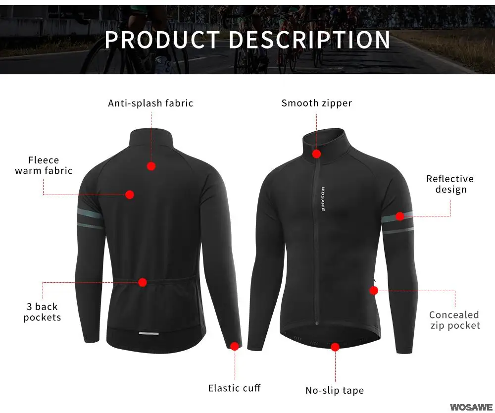 WOSAWE Herren Thermo-Winter-Fahrradjacke, Fleece-Futter, Langarm-Jersey, winddicht, Laufen, Reiten, Ciclismo, Fahrradbekleidung – Detail 10
