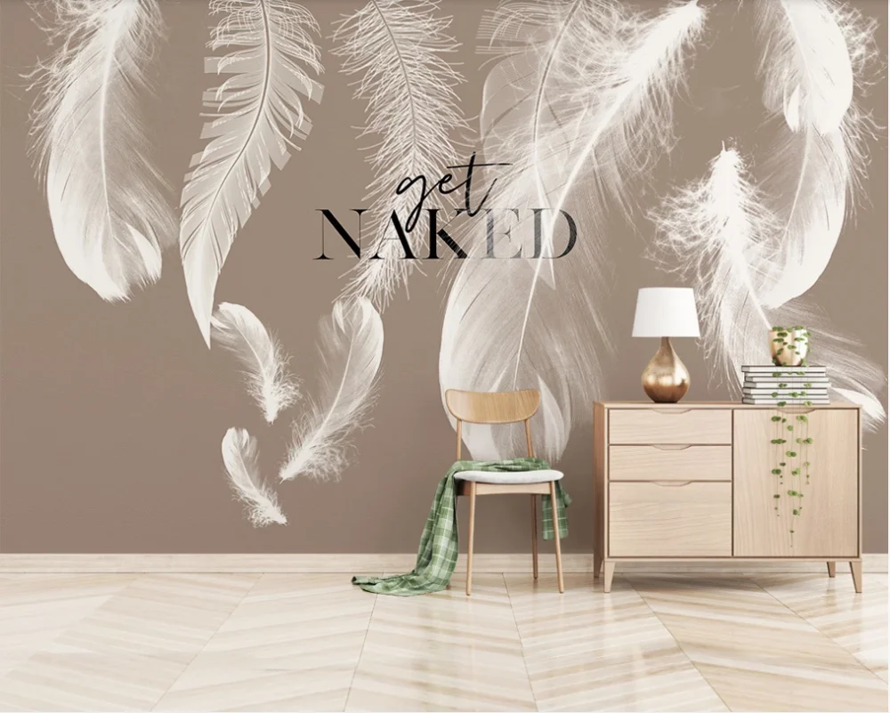 Custom wallpaper stylish English font hand-painted feathers small fresh Nordic TV background wall-waterproof material