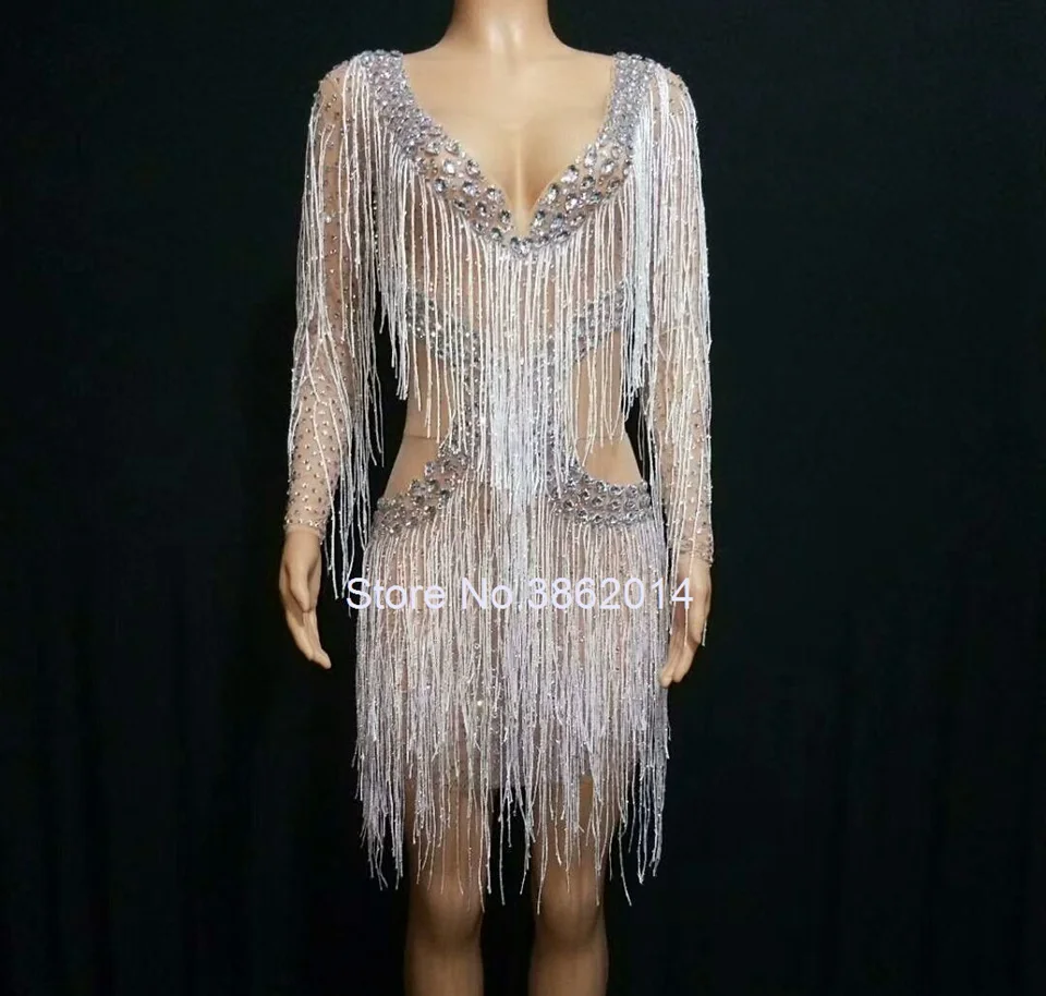 Vestido Sexy con flecos y diamantes de imitación para mujer, traje de escenario con borlas de cristales, para fiesta de cumpleaños y graduación