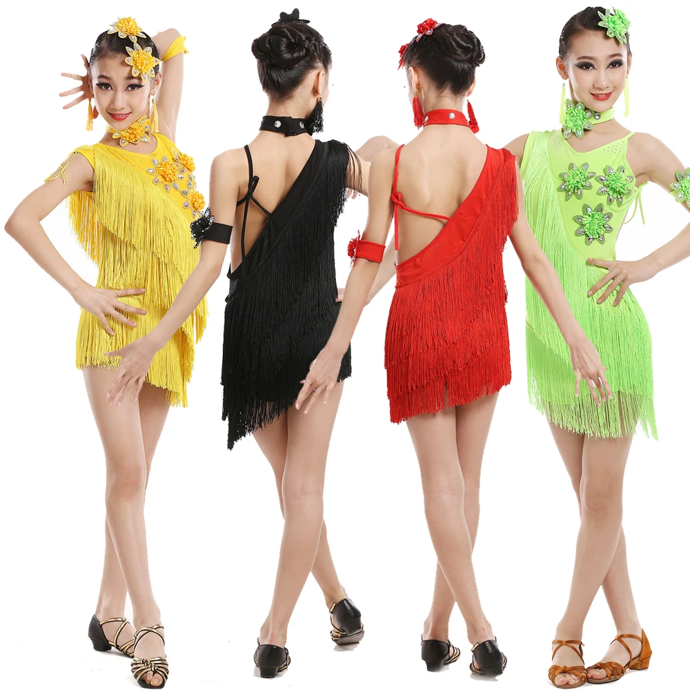 Vestido de dança latina lantejoulas para meninas, fantasias de competição, palcos, roupas dançantes infantis, ginástica e festa