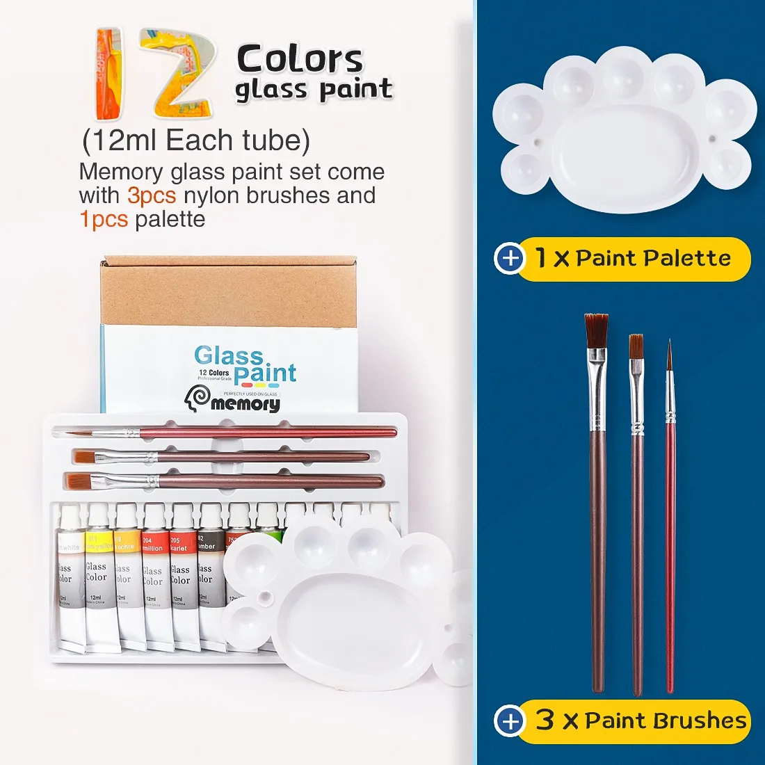 Glass Paint Set 12Colors 3 Brushes & 1 Palette Art Craft Paints for Artists Students Beginners & Painters，Art Supplies pigment