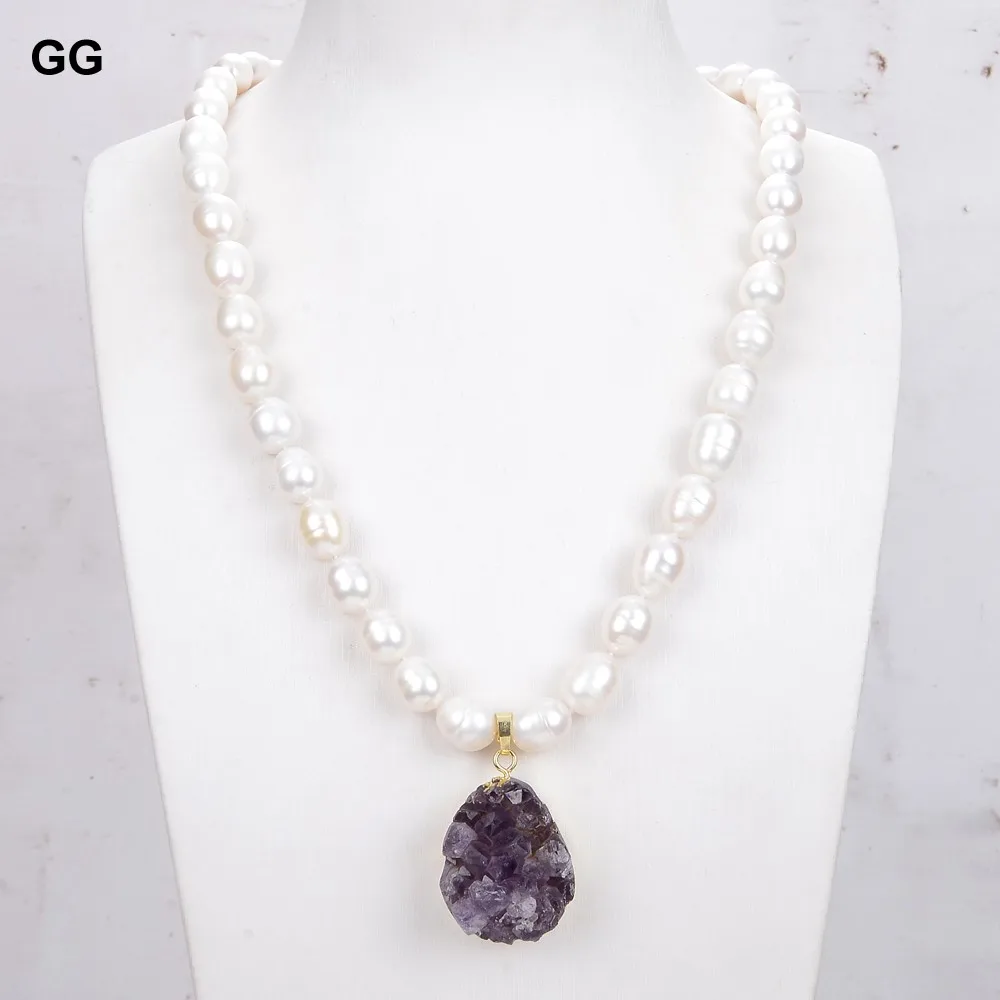 

GuaiGuai Jewelry Cultured White Rice Pearl Necklace Amethyst Druzy Pendant 22"