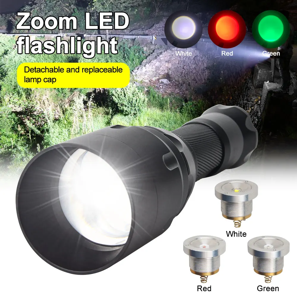 White/Red/Green 3 Lights Disassembled LED Flashlight Zoomable Torch Adjustable Focus Lamp for Camping Hunting