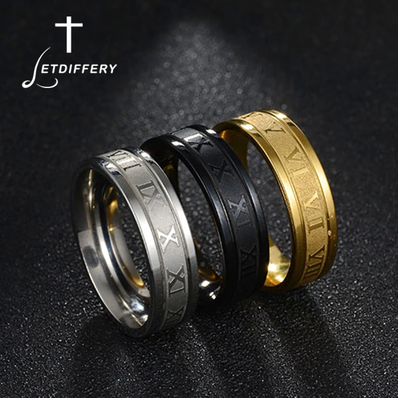 Letdiffery 6mm Roman Numbers Men Rings High Quality Gold Color Black Stainless Steel Women Party Jewelry Birthday Gifts