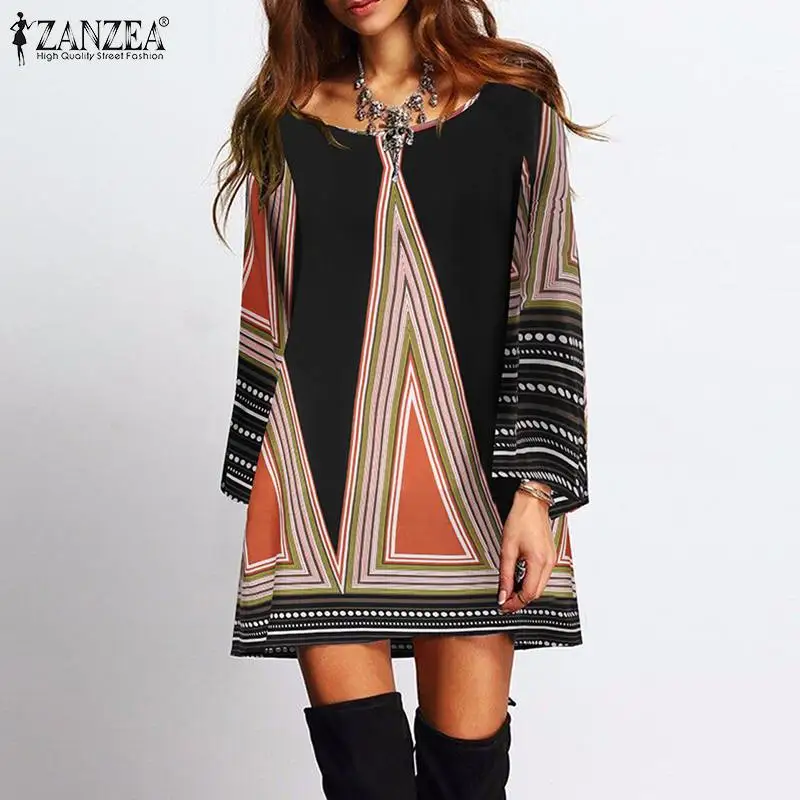 2023 Women Casual Long Flare Sleeve Sundress ZANZEA Elegant Bohemian Print O Neck Dress Autumn Floral Holiday Beach Kaftan