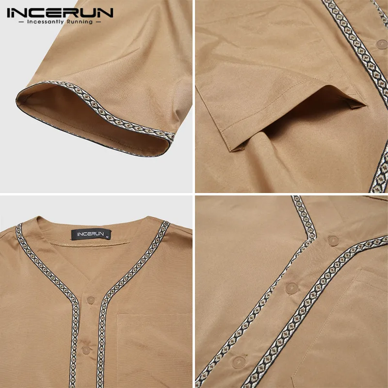 INCERUN Nam Vintage Tay Lửng Hồi Giáo Dài Áo Giải Trí Cổ V In Hình Jubba Thobe Chắc Chắn Miếng Dán Cường Lực Tiếng Ả Rập Quần Áo Plus Size7