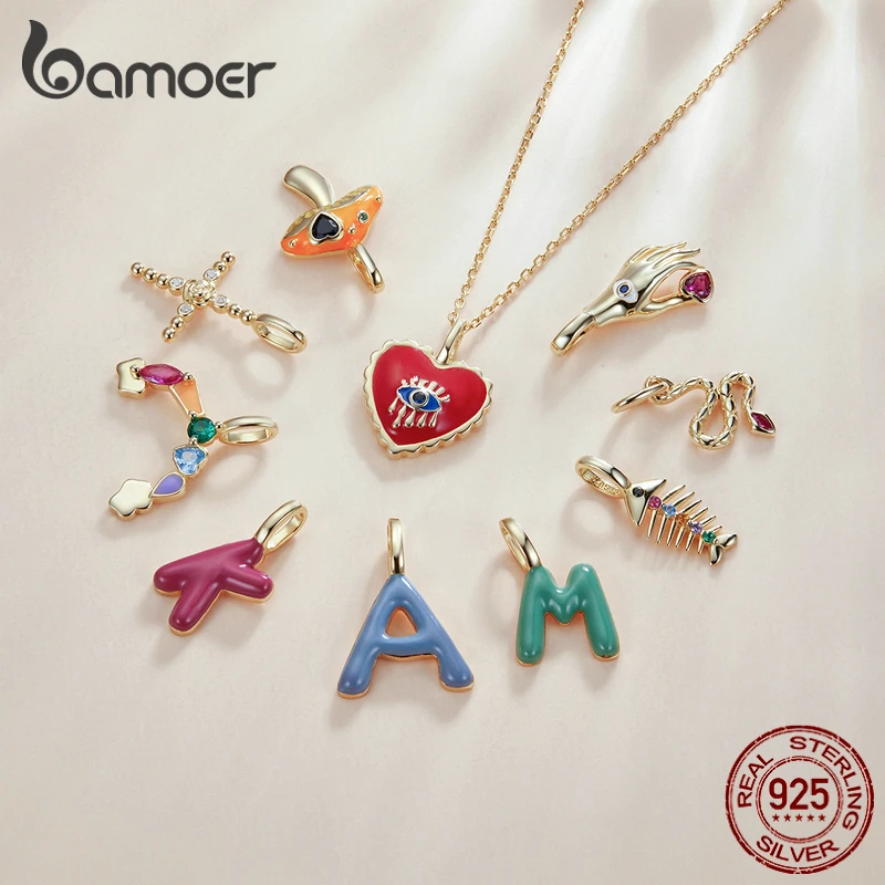 bamoer 925 Sterling Silver Rainbow Crystal Enamel Red Heart Eye Charm Letter Snake Fishbone Charm Pendant for Necklace Women DIY