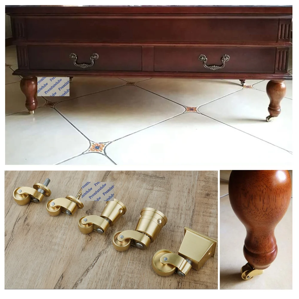 4Pcs Brass Furniture Caster Wheel Round Square Cups Thread Bolt Piano Cabinet Wine Serving Trolly Chair Sofa