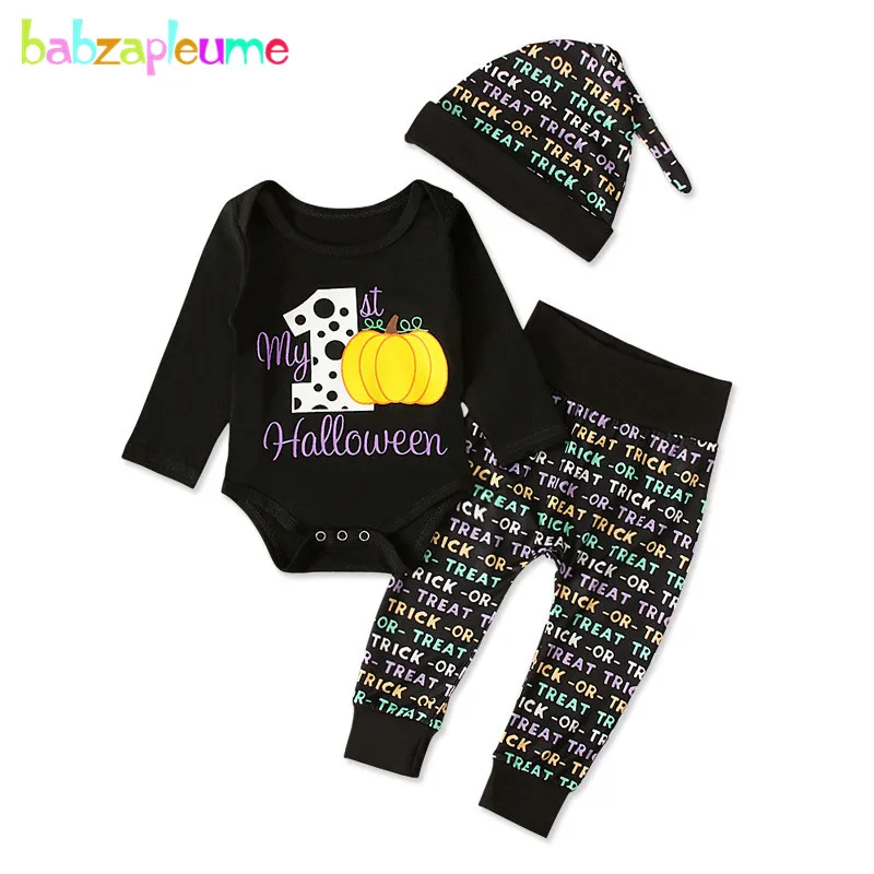 

3Piece Set Fall Newborn Baby Halloween Outfit Cartoon Cute Long Sleeve Cotton Bodysuit+Letter Pant+Hats Infant Boys Clothes 1950