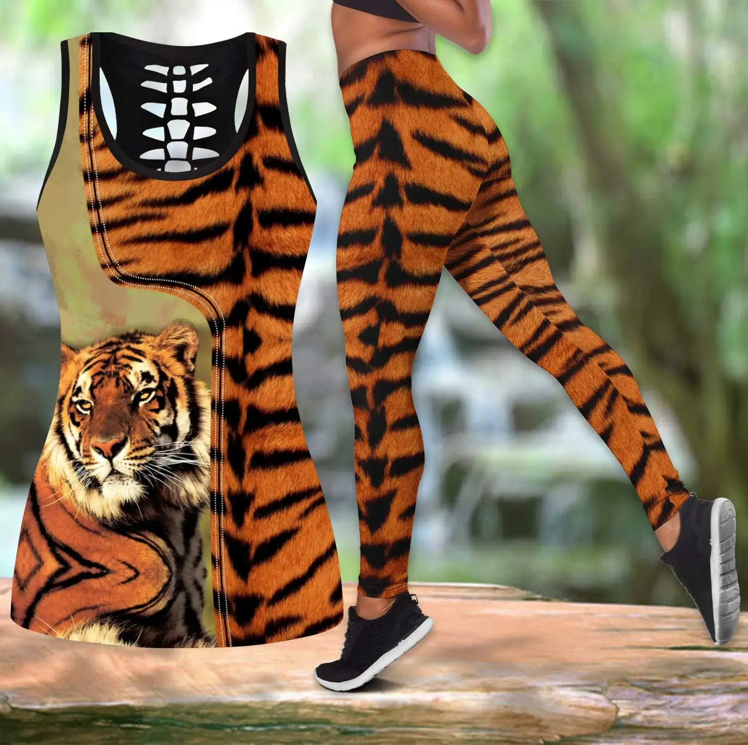 Powerful Tiger 3D All Over Printed Hollow Tank Top & Leggings Set Fitness Female Full Length Leggings Running Pants DDK57