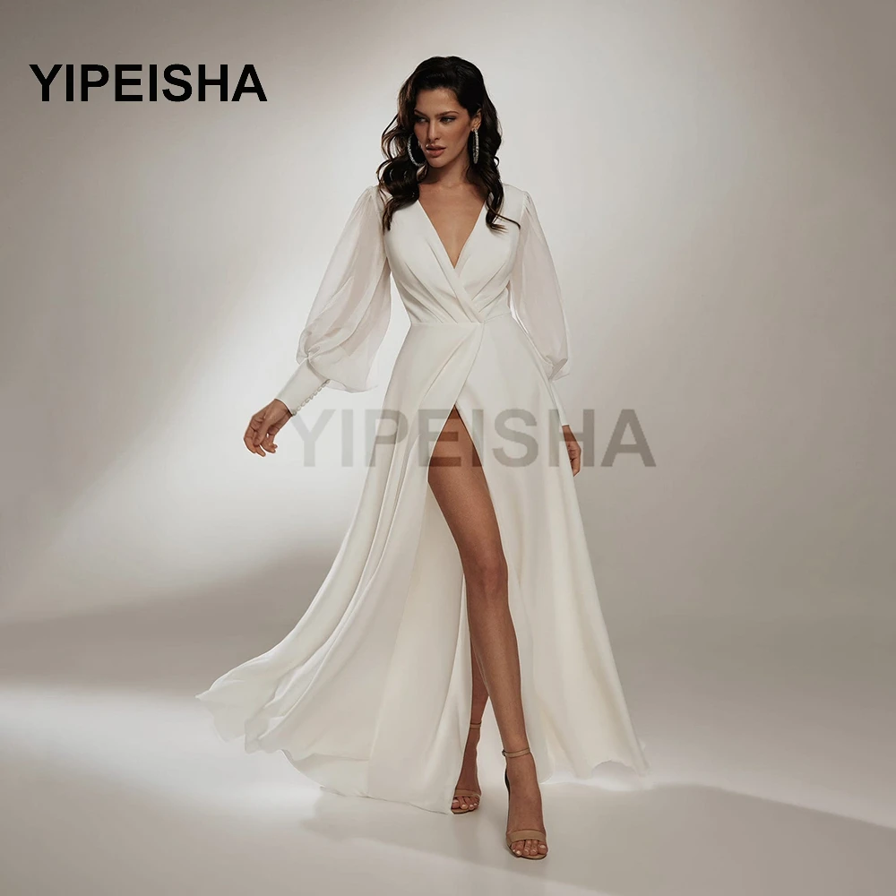 Personalizado simples com decote em v manga longa a linha vestidos de noite frente alta divisão chiffon vestido de festa de casamento vestidos de fiesta robes