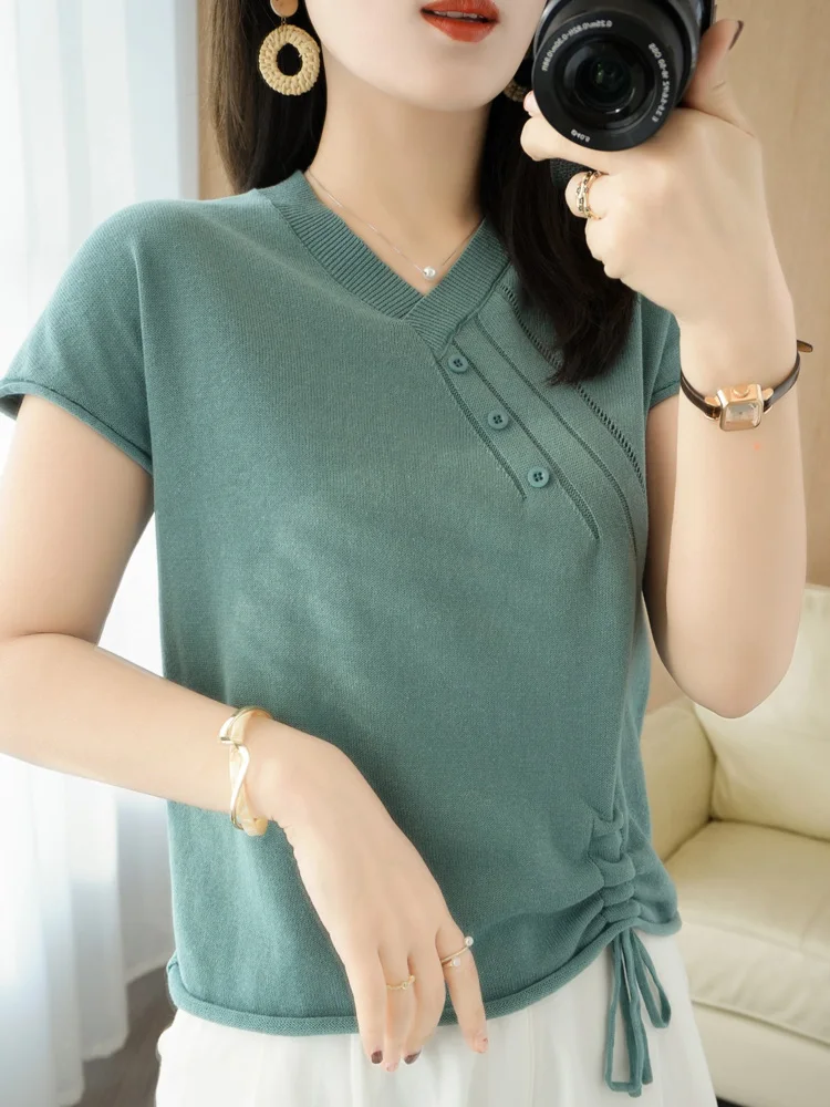 T-shirt women 2021 summer v-neck cotton sweater women solid color casual tops  women's clothes tees slim knit sweater