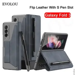 Armor Flip Leather Case S Pen Holder Cover for Samsung Galaxy Z Fold 3 4 Wallet Card Stylus Pen Socket Shell for Samsung Z Fold3