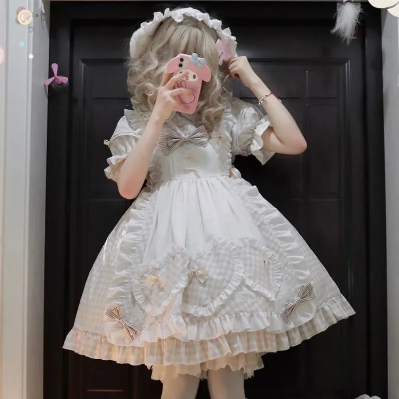 Lolita Süße Mädchen Kurzarm Op Nette Täglichen Weichen Mädchen Kleid Plaid Hohe Taille Viktorianischen Kleid Kawaii Mädchen Lolita Op cos Loli