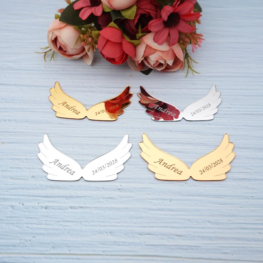 

30 Pieces/Lot Cute Angel Wings Custom Personalized Name Mirror For New Birth Born Acrylic Stickers Babyshower Decor