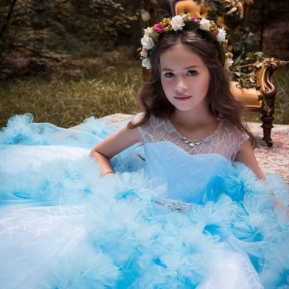 Abiti da ragazza di fiori lussuosi abiti da ballo con volant soffici Appliques abito da principessa in cristallo per abiti da spettacolo di matrimoni