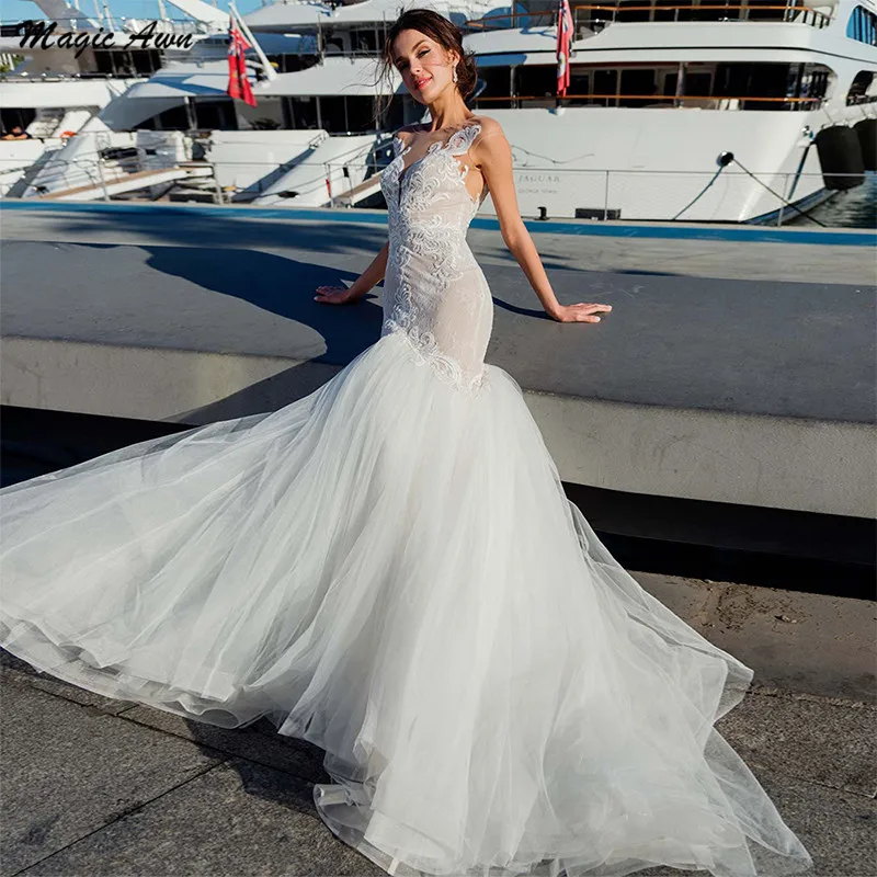 Vestidos De novia De sirena con apliques De encaje, corpiño bohemio, ilusión, sin espalda