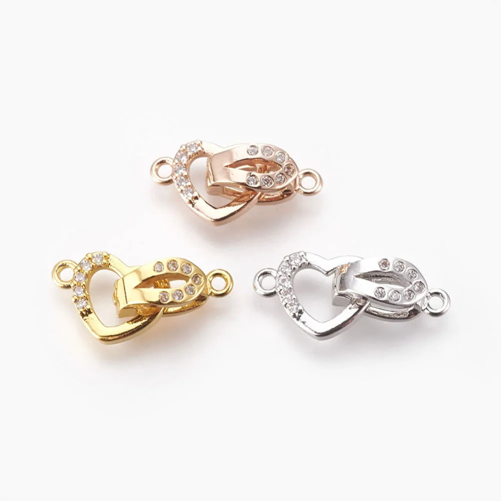 5Set 18mm Brass Micro Pave Cubic Zirconia Heart Fold Over Clasps Mixed Color For DIY Jewelry Making Decor Accessories