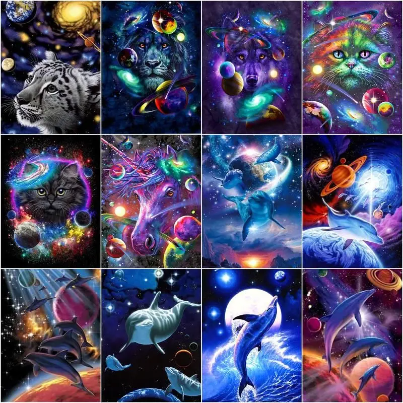 

CHENISTORY Oil Painting By Numbers Dolphin Outer Space Planet Animal Acrylic Drawing Canvas Picture For Adult Wall ArtDIY Home D