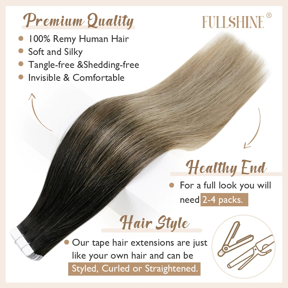 Full Shine Tape Hair Extensions Human Hair Extensions Ash Blonde Ombre 20 Pcs 50g Seamless Real Hair Skin Weft Remy Human Hair