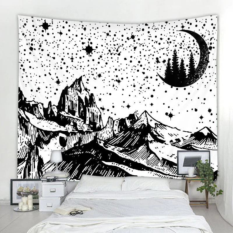 Black and white sun and moon landscape decorative tapestry Bohemian hippie wall decorative tapestry Home decorative tapestry