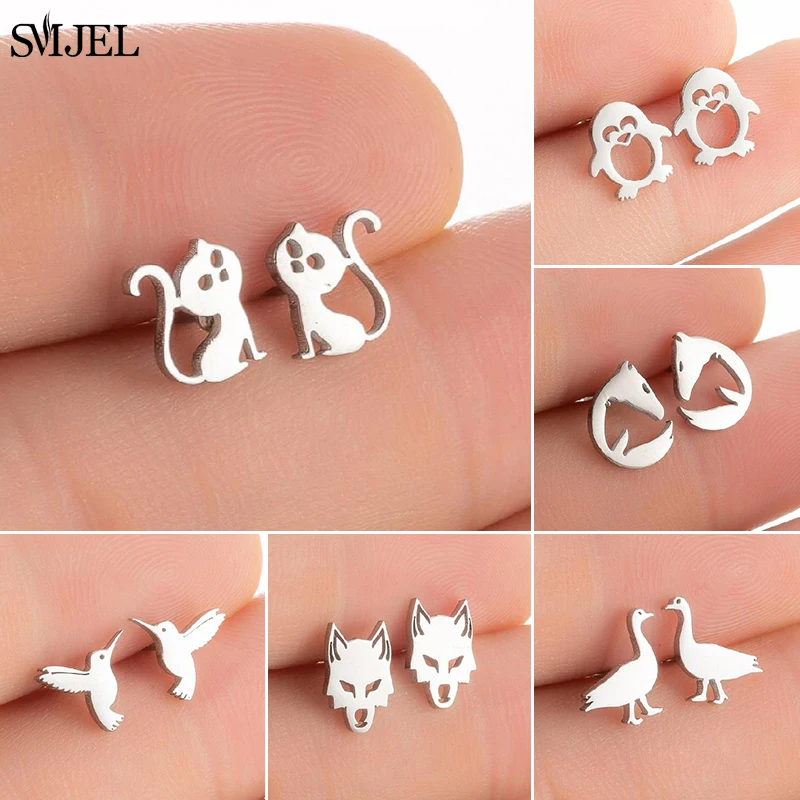 Black Literary Cute Cat Earrings Stainless Steel Personality Wolf Duck Penguin Hummingbird Stud Earrings for Women Girls Female