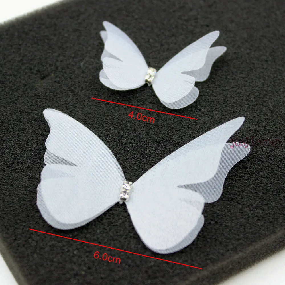 50PCS white Organza Butterfly Fabric Appliques Translucent Chiffon Butterflies with Rhinestone for Wedding Party Decor