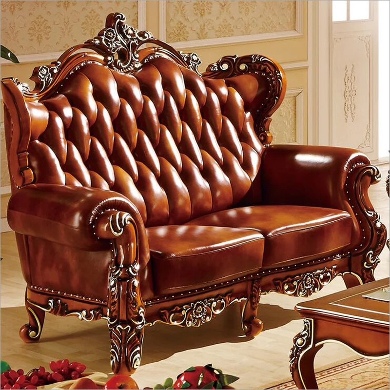 high quality  European  antique living room sofa furniture genuine leather set p10300