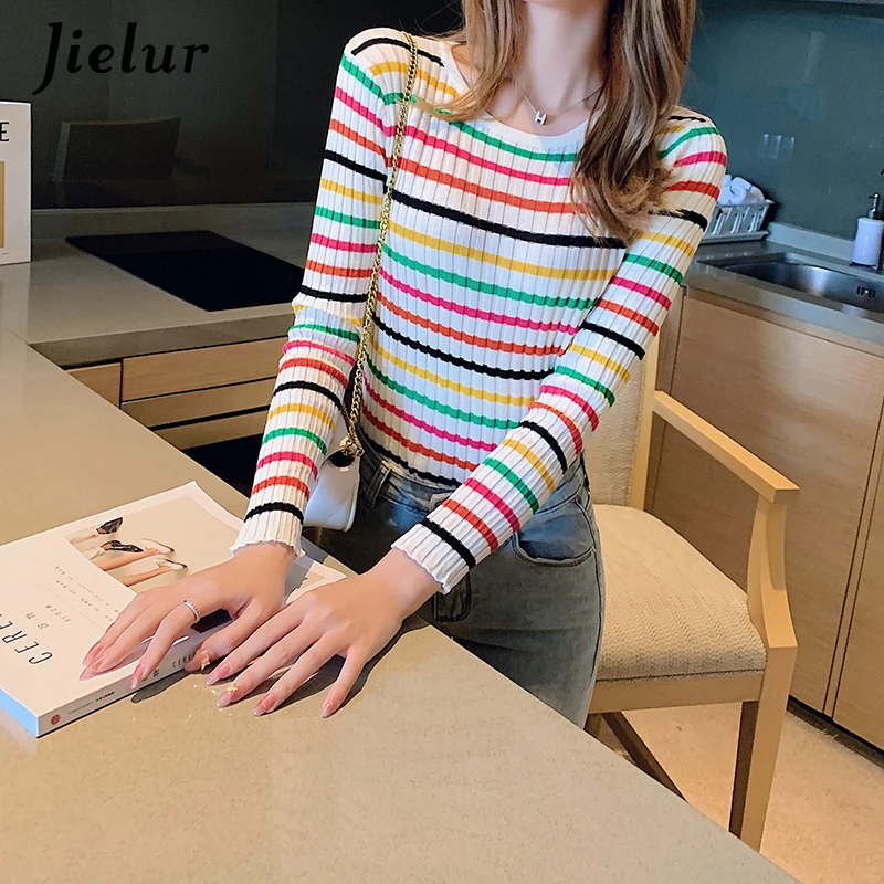 Jielur Autumn Colorful Striped Sweater for Women Fashion Korean Bottoming Shirt Slim O-neck Lady Sweaters Spell Color Knitwear