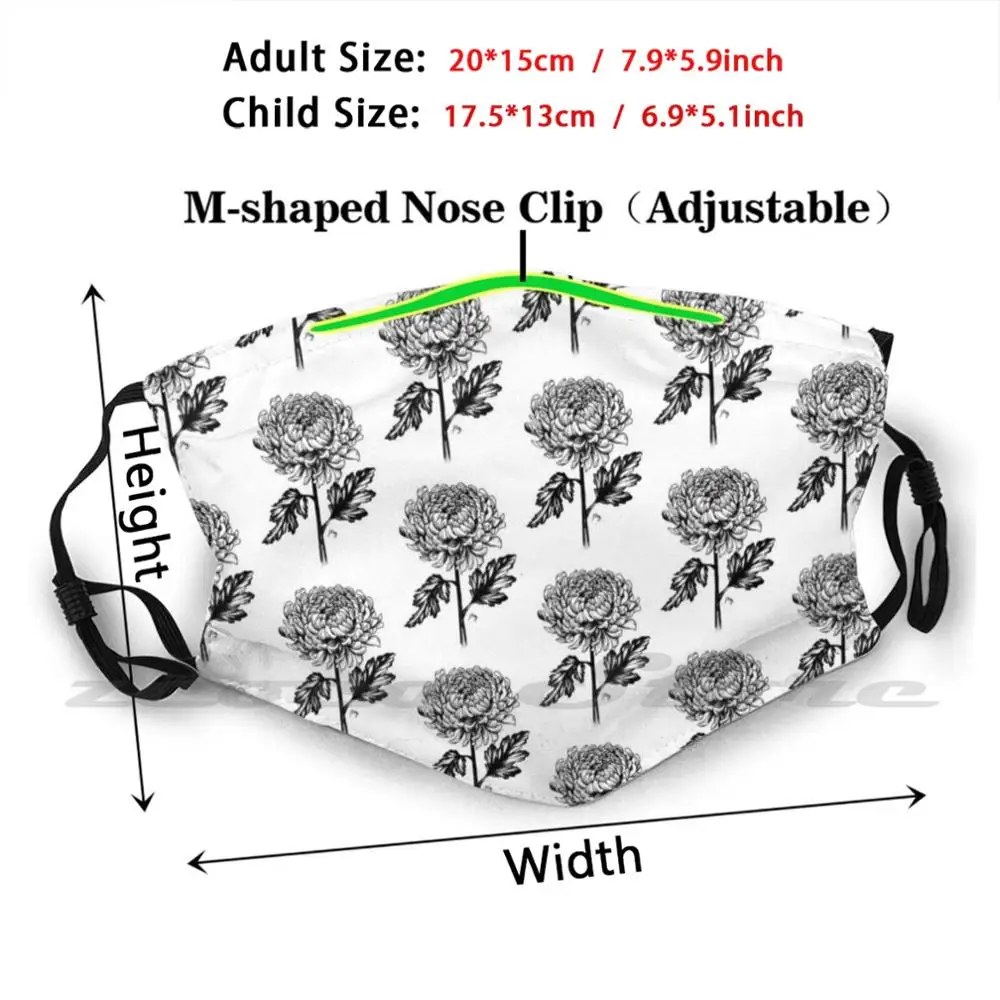 Chrysanthemum Mask Cloth Washable DIY Filter Pm2.5 Adult Kids Floral Botanical Illustration Ink Botanical Artwork