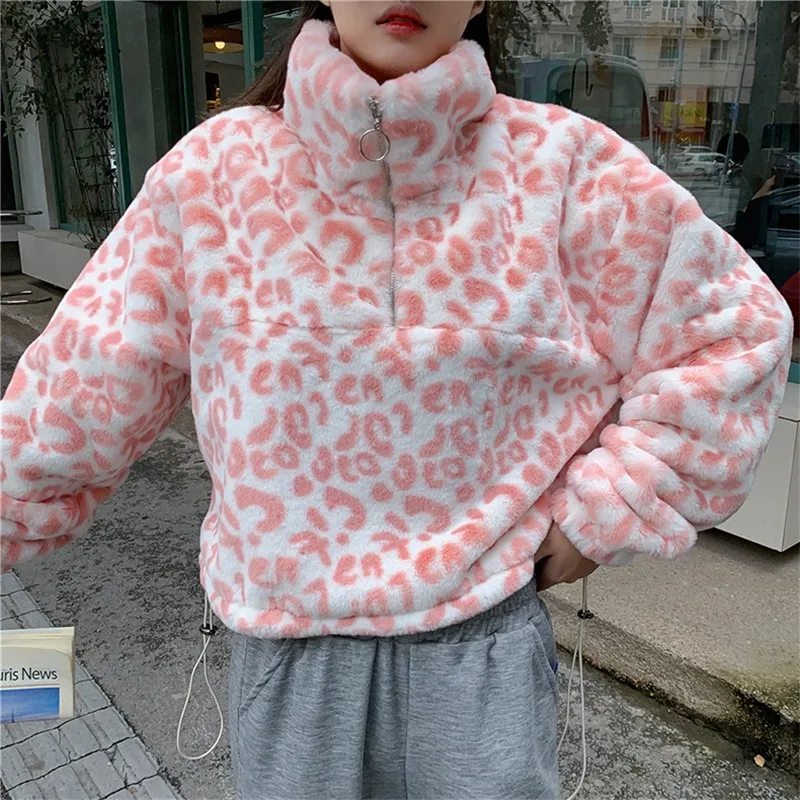 Faux Lamb Cashmere Coat Leopard Sexy Pink Cute Plush Loose Korean Zipper Short Sweater Women\'s Kawaii Lolita Stylish Fur Jacket